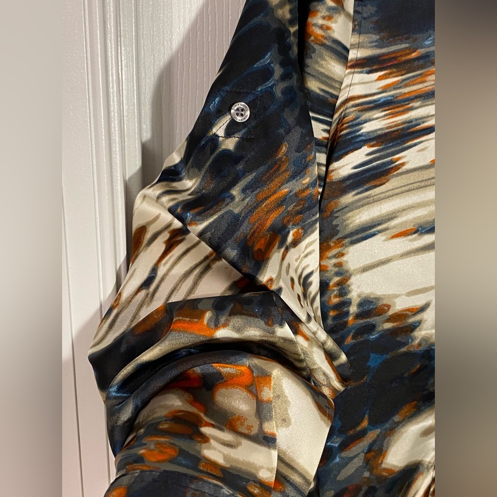 Calvin Klein Abstract Brushstroke Print Roll Tab Long Sleeve Silky Blouse Large - Picture 4 of 7